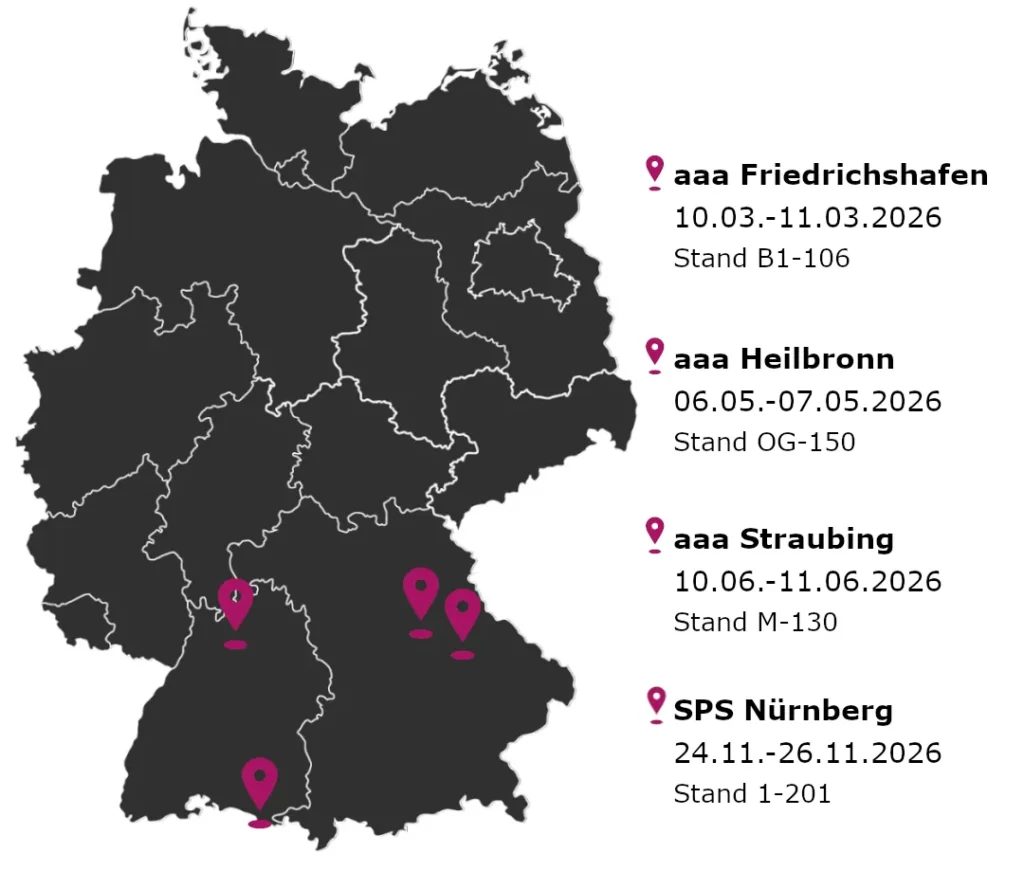 Unsere Messeauftritte in 2026: all about automation Friedrichshafen, Heilbronn, Straubing | SPS Nürnberg